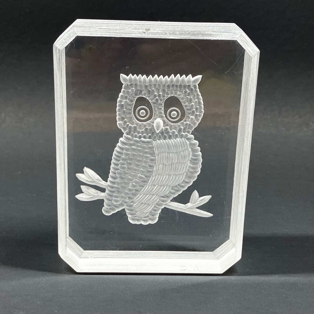 Ronald Fox Sculpture Lucite Owl 4in Clear Vintage Signed 1977 Art Paperweight